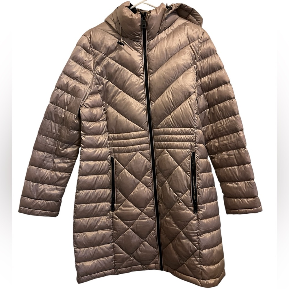 Calvin Klein SzL Taupe Packable Hooded Premium Down Blend Midi Puffer